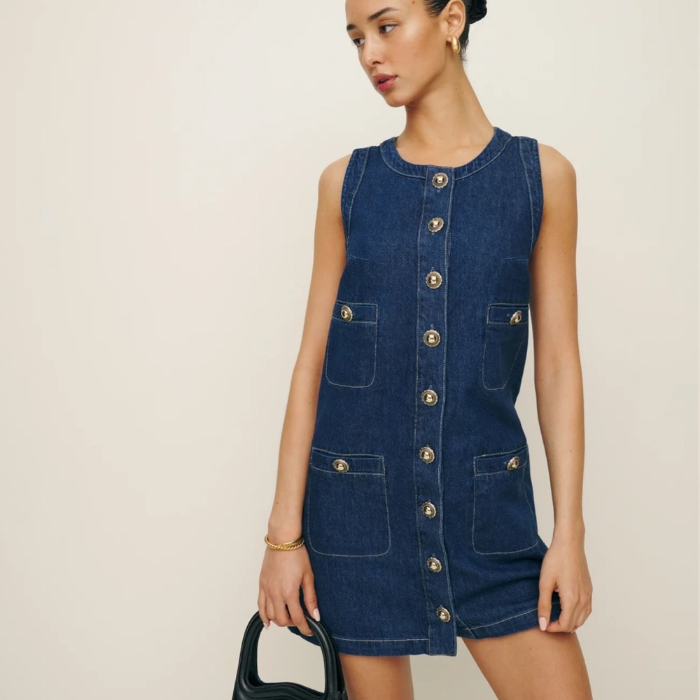 Reformation Dark Blue Denim Button-Front Mini Dress